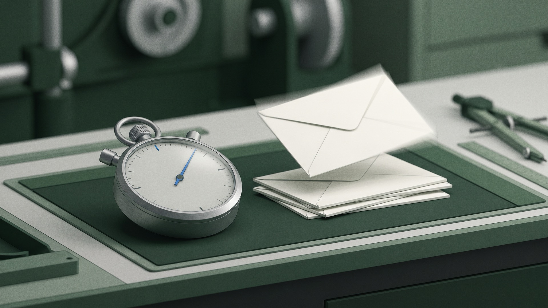 A matte steel stopwatch on a workbench beside a stack of white envelopes, one envelope just dispatched